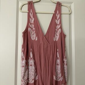 Free People Pink and White Embroidered Romper